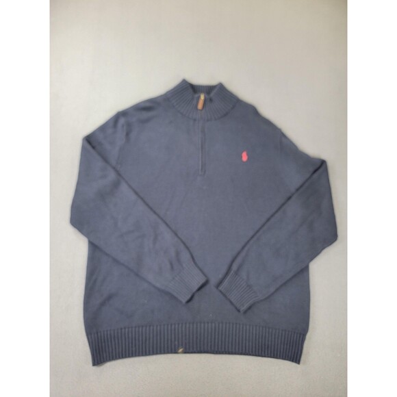 Polo Ralph Lauren Sweater Mens 2XL Navy Quarter Zip Mock Neck Cotton Red Pony - Picture 1 of 11